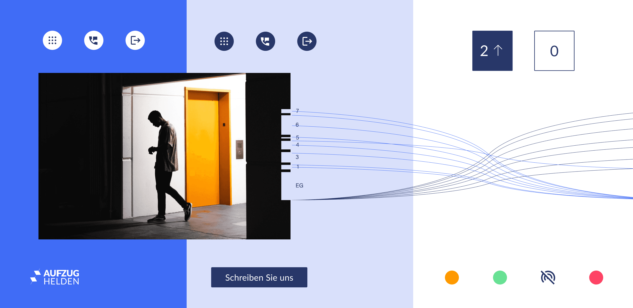 A UI mood board, featuring icons for menu, call, and exit functions, elevator floor indicator, floor navigation diagram and status indicators in different colors